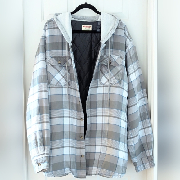 Wrangler Other - Wrangler Authentic Men's Lined Flannel Jacket Long Sleeve Hooded Gray Plaid, 3XL